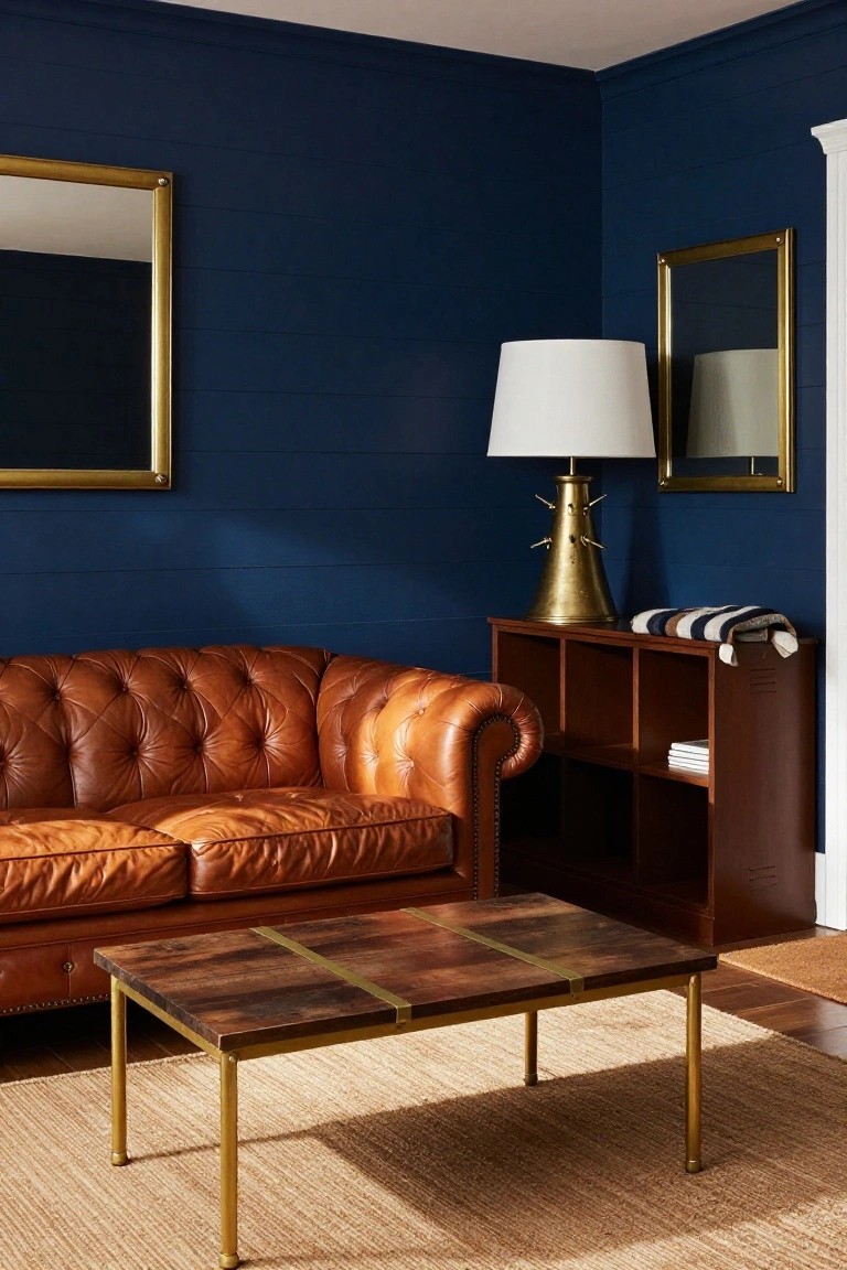 A living room corner featuring navy blue shiplap walls, a tan tufted leather sofa, wooden bookshelf with books and a blanket, brass coffee table on a rug, floor lamp, and gold-framed mirrors.