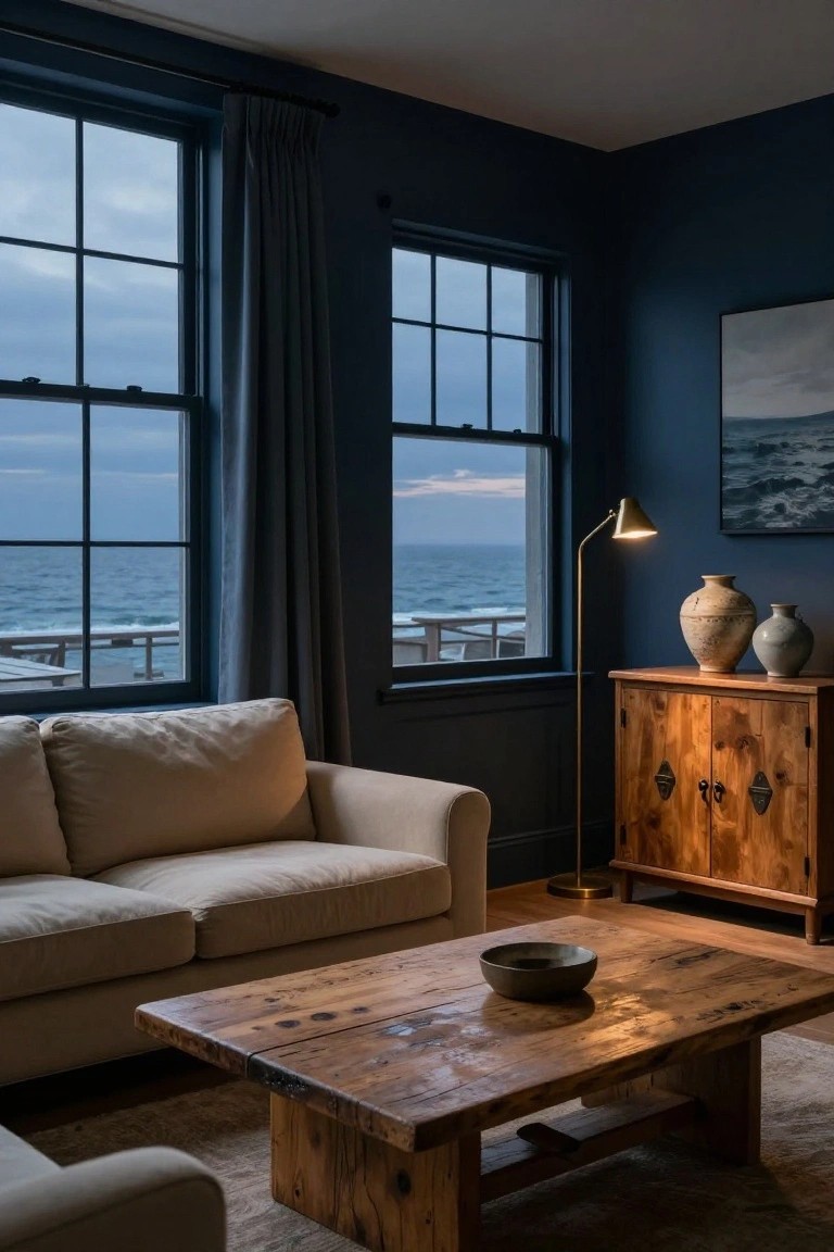 Coastal living room interior with dark navy blue walls, two large multi-pane windows showing ocean view and deck, beige sofa, wooden coffee table with bowl, wooden cabinet with pottery vases, gold arched lamp, and hardwood floor.
