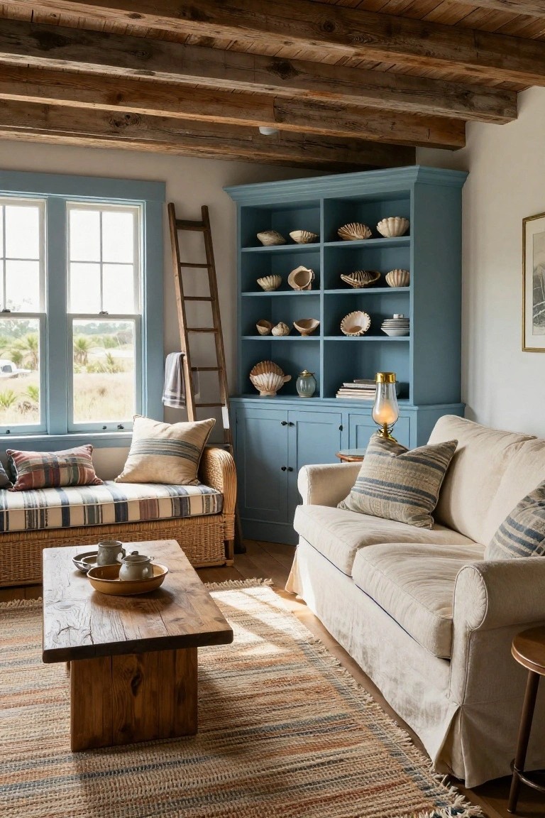 Living room featuring a tall blue painted cabinet with open shelves displaying various seashells and bowls, next to a rattan bench, slipcovered sofa with striped pillows, wood coffee table, ladder, and large windows showing coastal dunes.