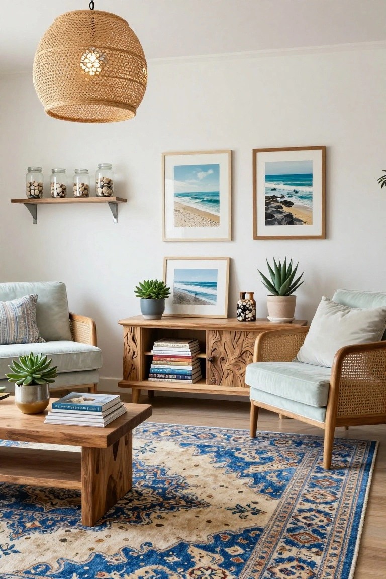 Cozy living room with rattan chairs, wooden console, blue rug, and beach art.