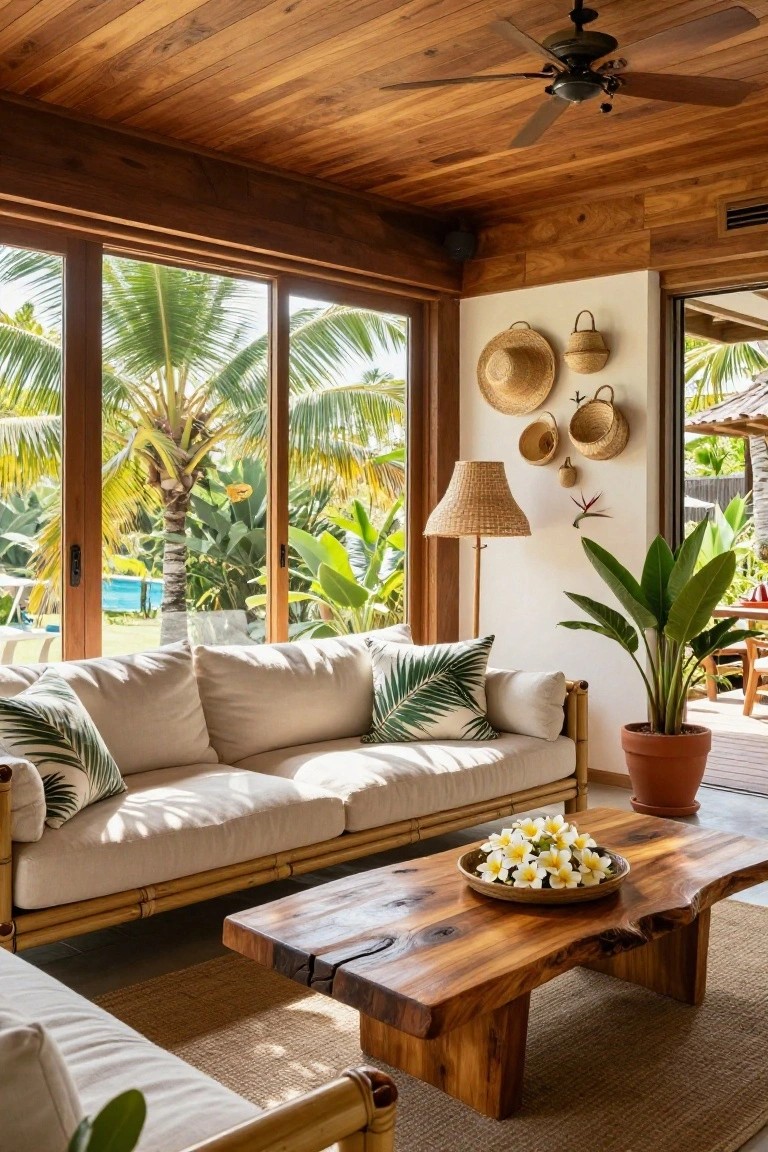 Coastal living room featuring wooden ceiling beams, cream-colored sofa with rattan legs and palm-patterned pillows, live-edge wooden coffee table with white flowers, large glass windows showing palm trees and swimming pool, woven wall baskets, and potted plants.