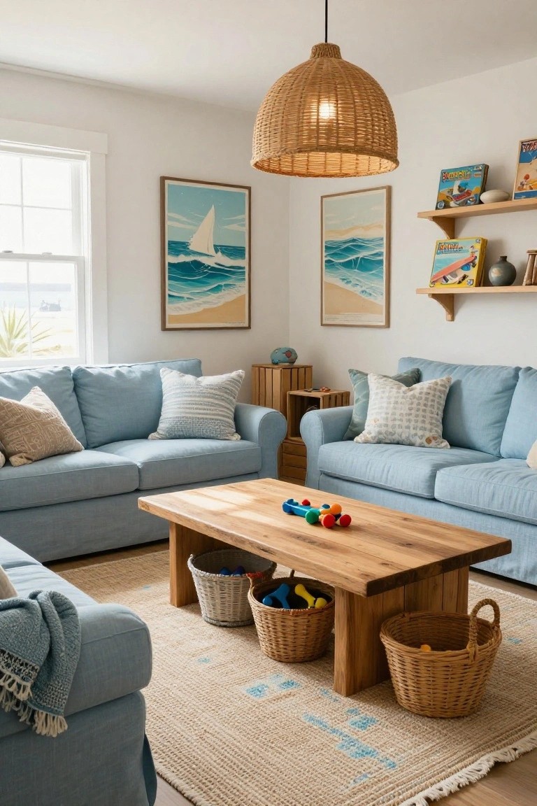 Coastal living room with light blue slipcovered sofas facing a wooden coffee table topped with colorful toys, multiple wicker baskets holding balls and toys beside the table, nautical artwork on white walls, and a rattan pendant light overhead.