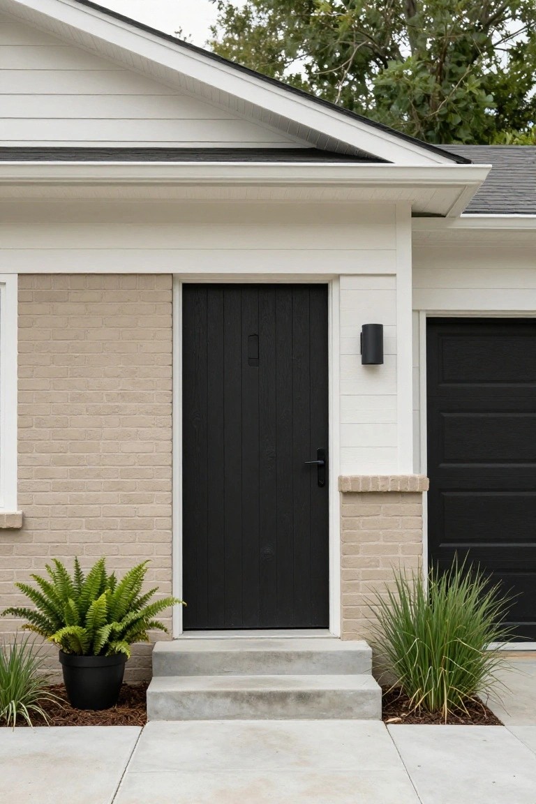 Front view of a house exterior with beige brick lower walls, white board-and-batten siding, black paneled front door with handle, black garage door, wall light fixture, concrete steps, black pot with green fern, and ornamental grasses.
