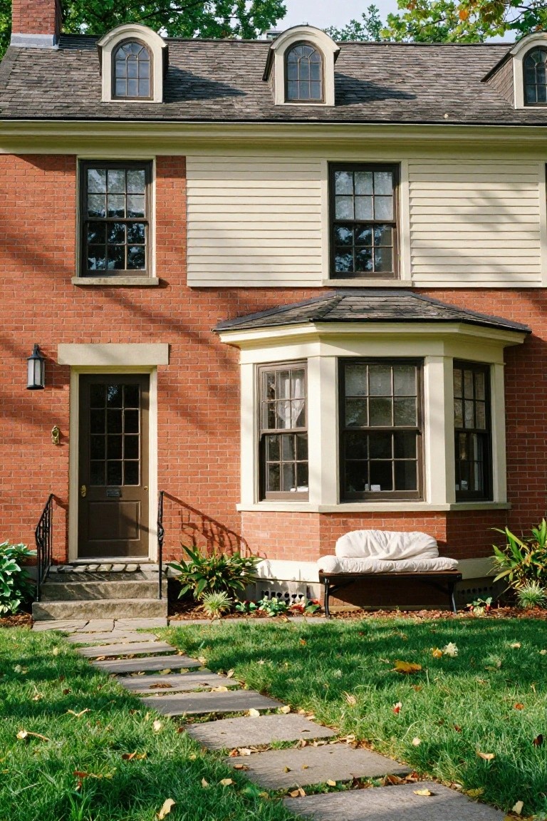 Two-story colonial house exterior with red brick lower wall on left, cream clapboard siding on upper stories and bay window at entry, dark wood front door with iron railing, cushioned bench on brick base, plants, stone pathway, and green lawn with fallen leaves.