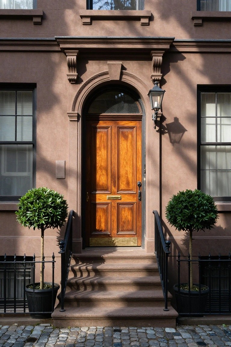 Brownstone townhouse facade with a centered double wooden paneled front door, brass knocker and letterbox, flanked by black iron railings and potted spherical topiary plants on stone steps, next to a street lantern on a cobblestone sidewalk.
