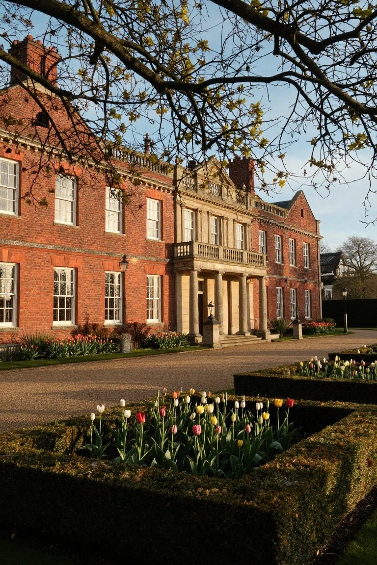 Red brick Georgian-style house exterior with symmetrical facade, central columned portico entrance, gravel driveway, tulip beds in low boxwood hedges, and overhanging tree branches.