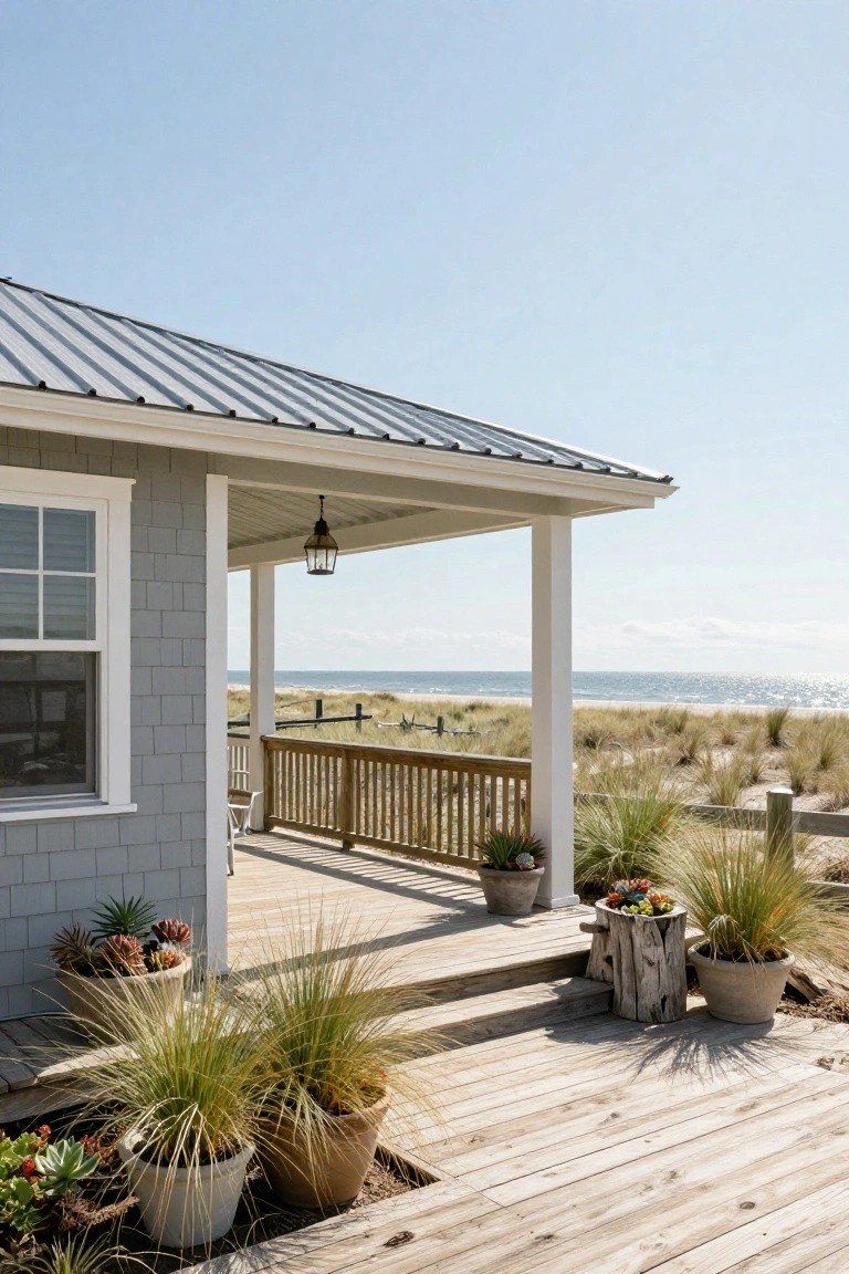 Gray shingle-sided house corner with metal roof, covered porch on white posts, wood decking with railing, potted grasses and succulents, overlooking dune grass, beach fence, and ocean.