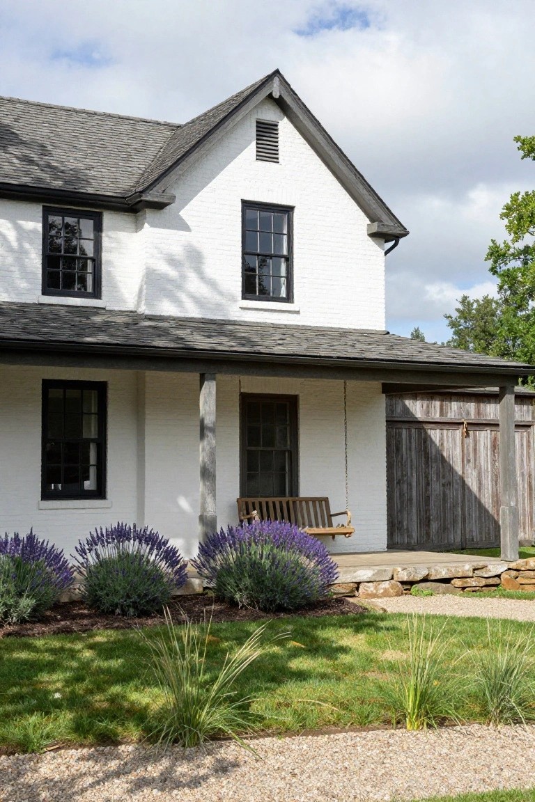 White brick colonial house with black window frames, covered front porch featuring a wooden swing, lavender bushes, ornamental grasses, and gravel path.