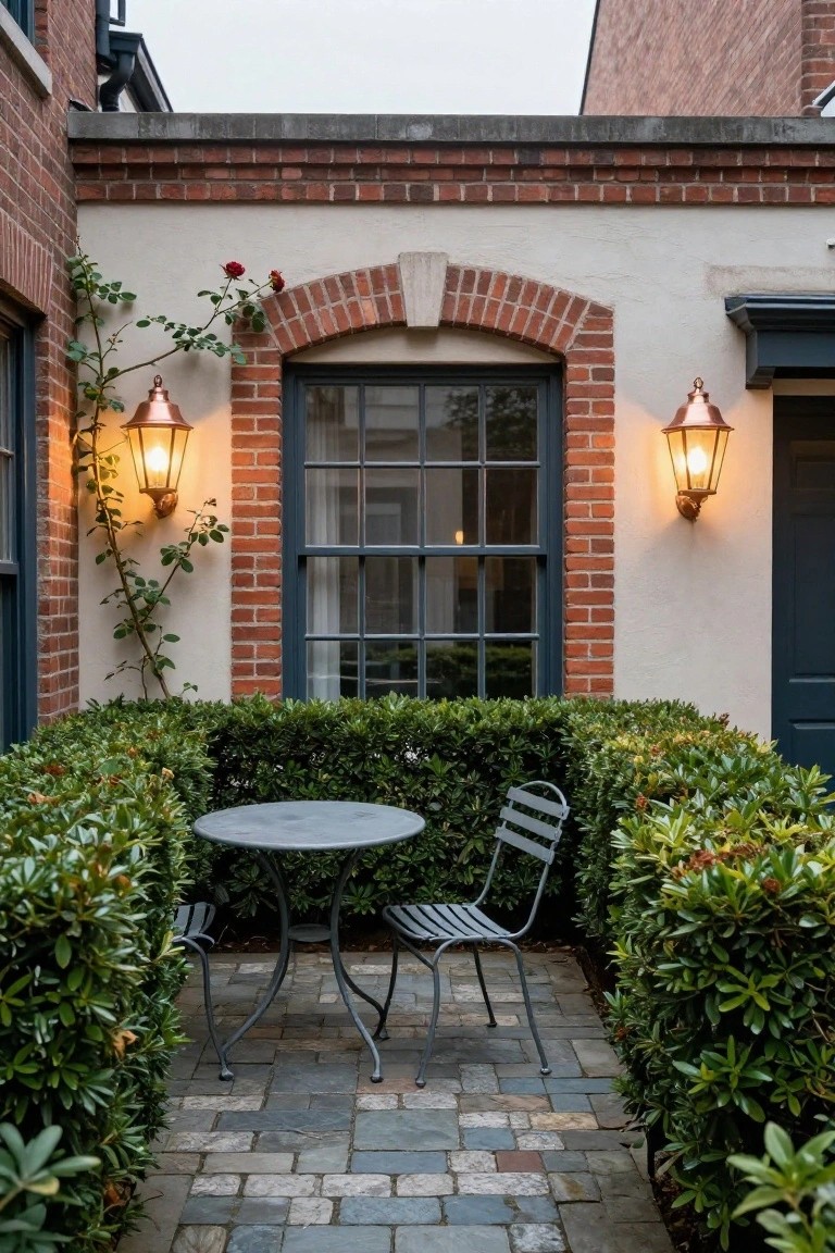 Small round gray metal table with two matching chairs in a paved brick courtyard enclosed by low boxwood hedges, brick walls with arched window, climbing roses, and copper lanterns.