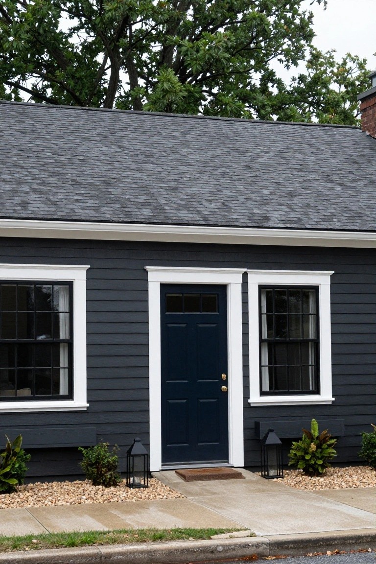 Front exterior of a one-story Colonial-style house with dark gray clapboard siding, white trim on double-hung windows and paneled door, navy blue front door with brass knob, black metal lanterns, and gravel beds with shrubs.