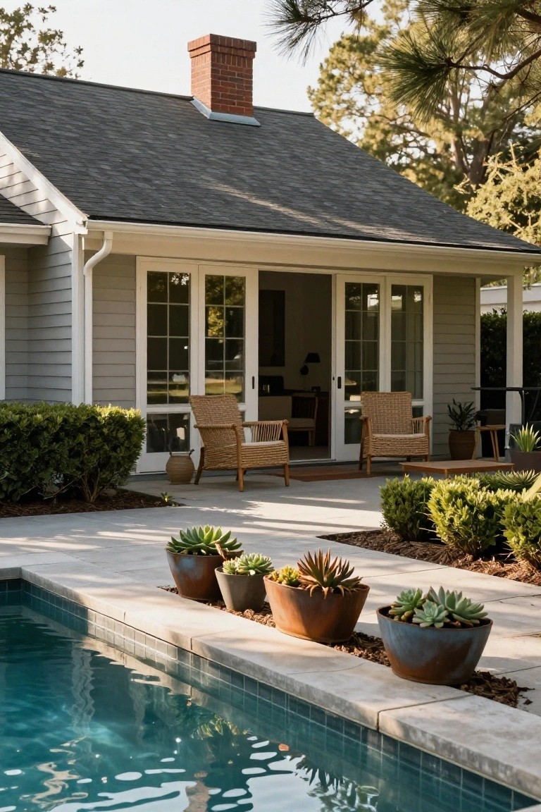 White clapboard house with dark shingled roof and brick chimney, featuring open French doors to a concrete patio with two rattan armchairs, a low wooden table, and large rusted pots of succulents along the edge of a turquoise pool, with shrubs and trees nearby.