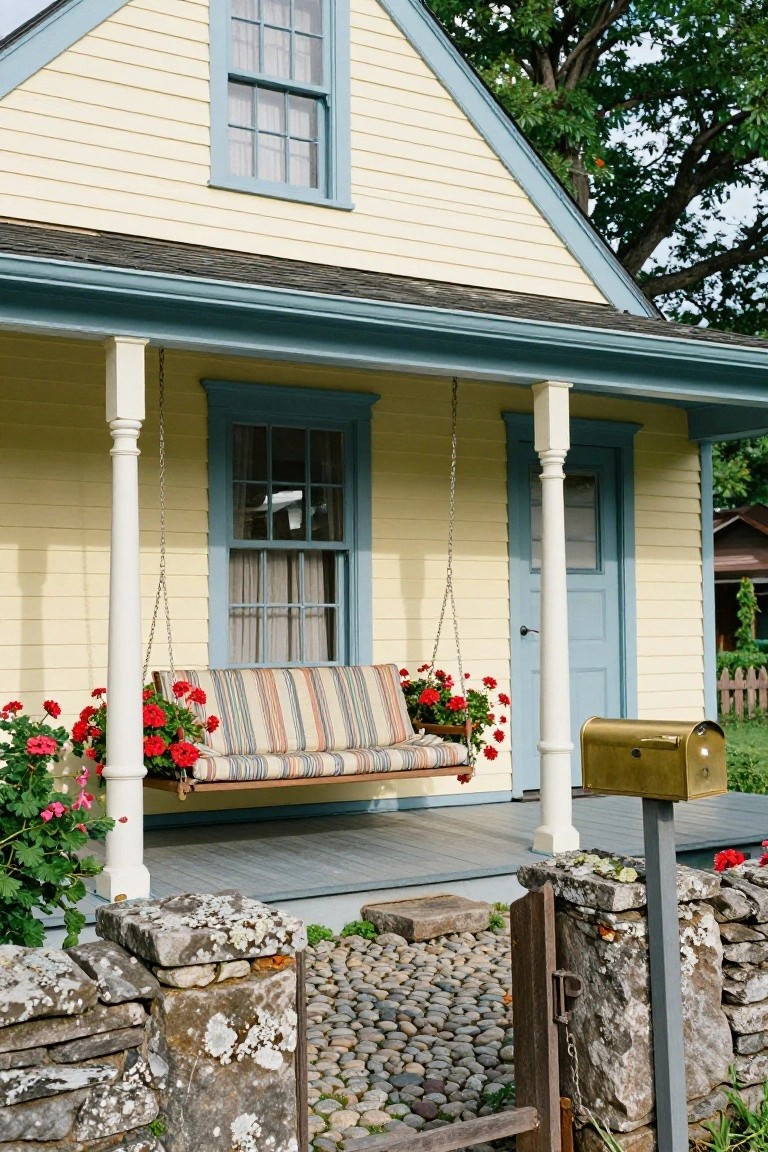 Yellow clapboard house with blue window and door trim, featuring a hanging porch swing with striped cushions and red geranium baskets on the chains, flanked by potted plants, next to a stone wall and gravel path.