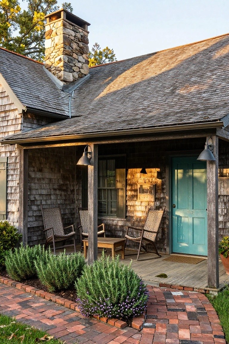Weathered shingle-sided cottage with stone chimney, covered porch holding rocking chairs and lanterns, turquoise front door, and brick path edged by rosemary shrubs.