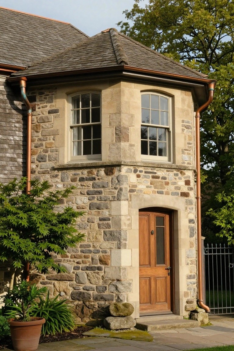 Stone corner of a house featuring a polygonal turret with slate roof, copper downspouts, multi-pane sash windows, arched wooden entry door, flanked by shrubs and a stone path leading to a metal gate.