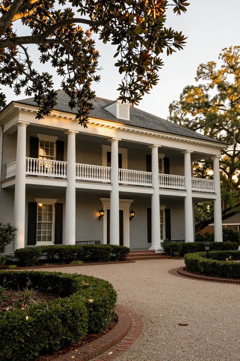 A two-story white colonial house with tall fluted columns supporting a raised porch and upper balcony, green shutters on multipane windows, flanked by live oaks and magnolias, with a curved gravel driveway edged by boxwood hedges and brick borders.