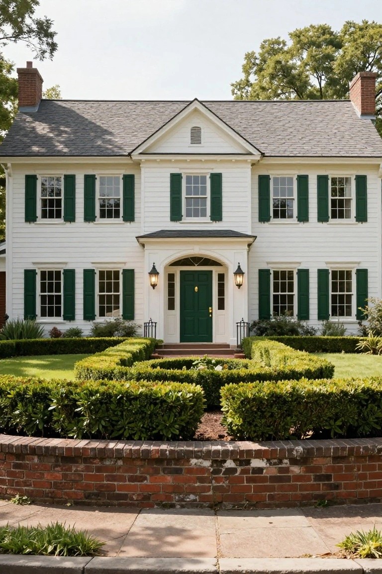 White two-story colonial house with green shutters, green front door, brick chimneys, and symmetrical boxwood hedges in the front yard bordered by a brick wall.