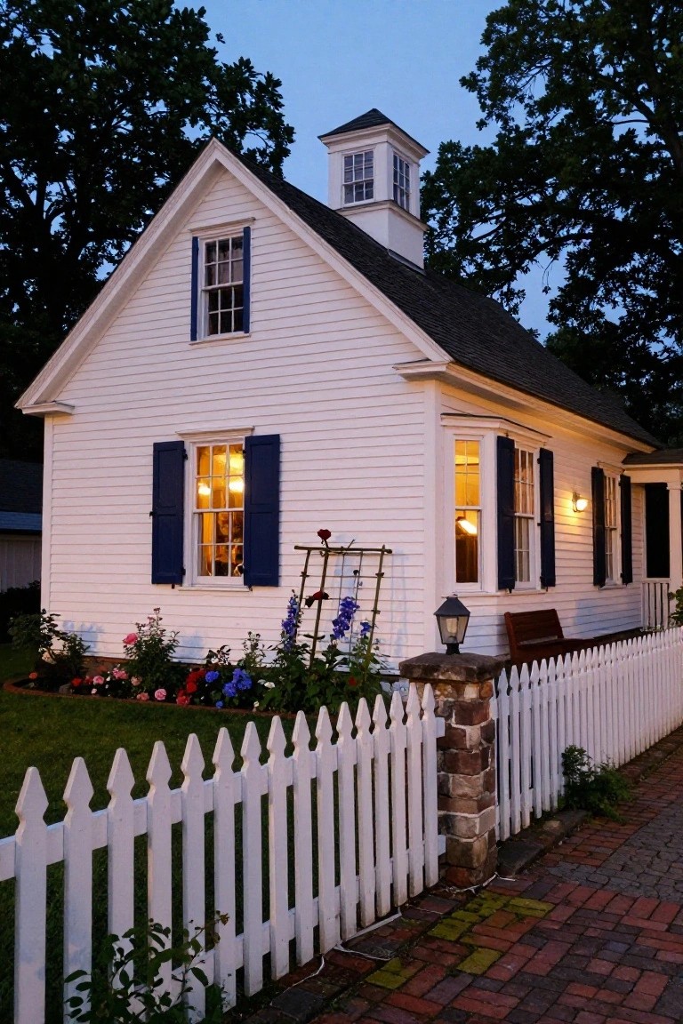 White clapboard colonial house with navy blue shutters, dark shingle roof, cupola, lit windows, flower beds, white picket fence, stone post with lantern, and brick path at dusk.