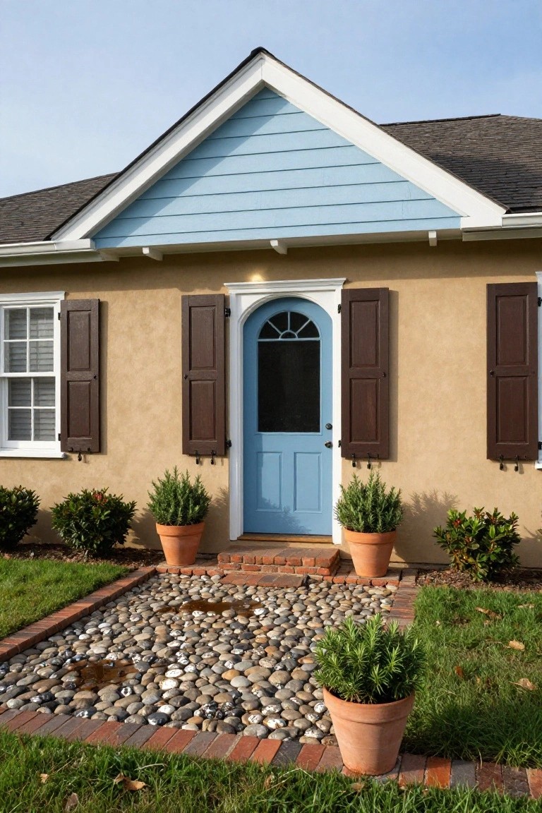 A single-story Colonial-style house with beige stucco walls, light blue gable and arched front door, brown shutters on white-framed windows, flanked by terracotta pots with plants on a brick-edged gravel entry path surrounded by grass.