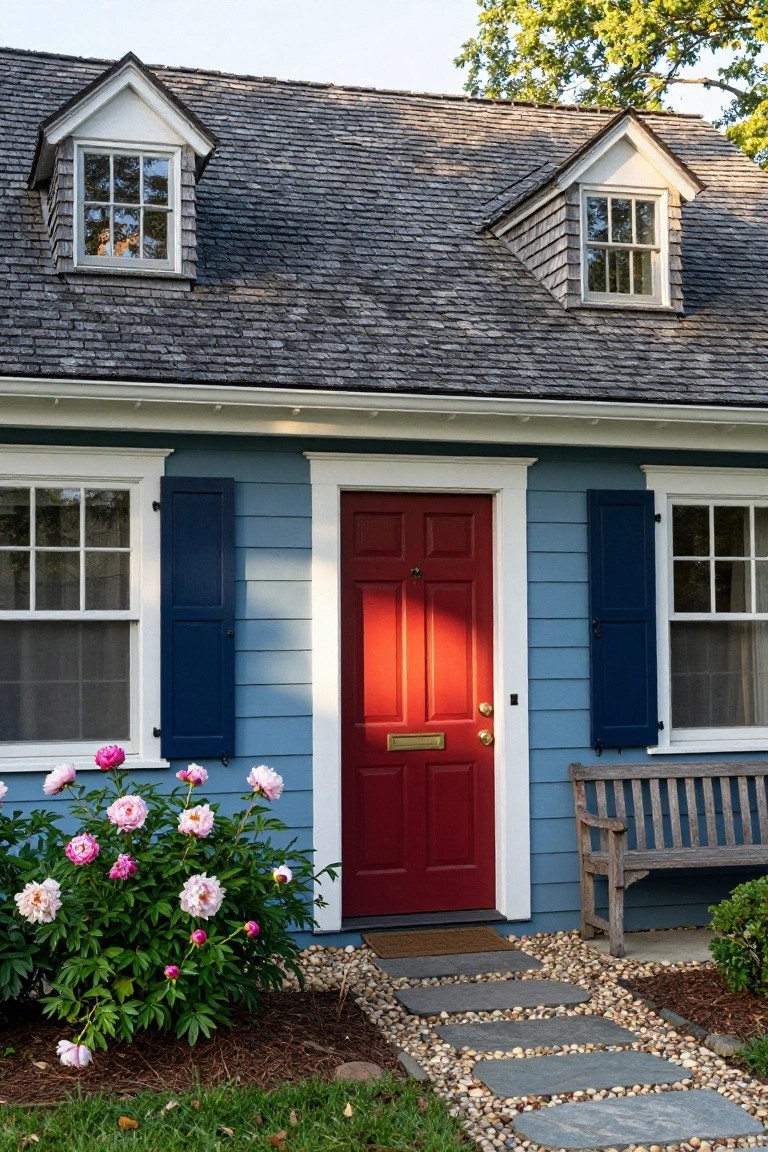 Colonial-style house with blue clapboard siding, red front door, blue shutters on multi-pane windows, white trim, shingled roof with dormers, peony bushes, wooden bench, and stone path to entry.