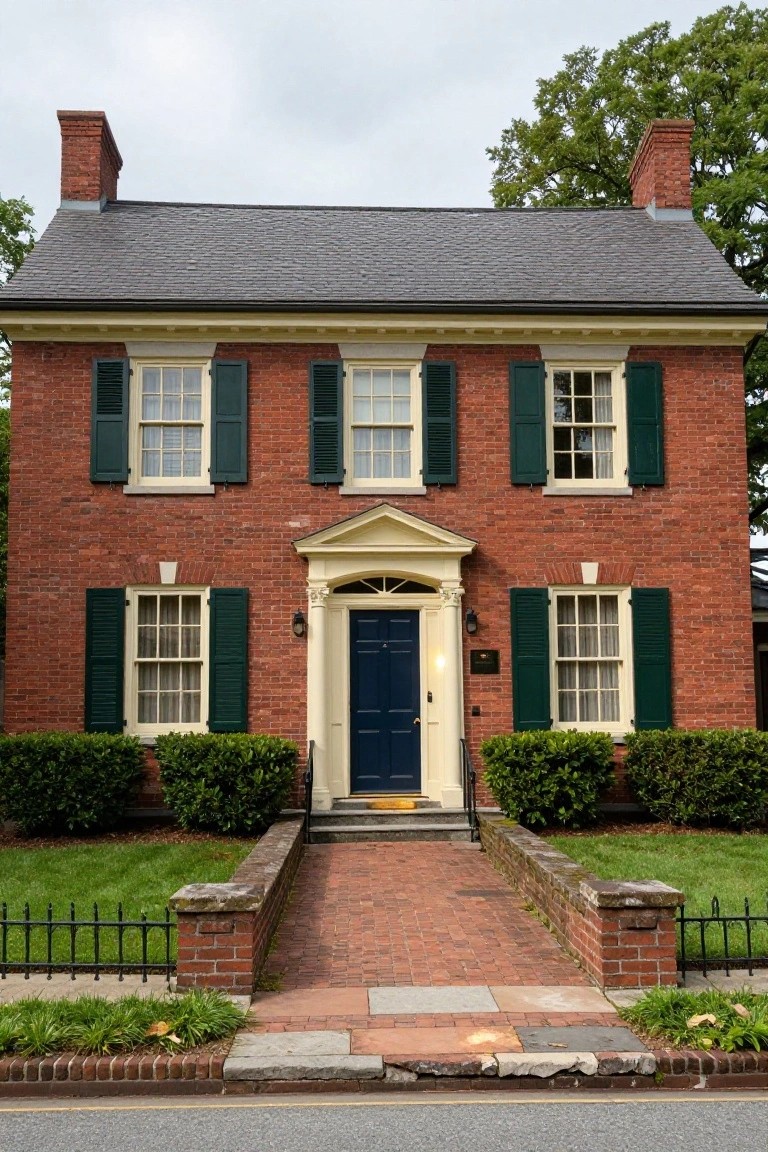 Two-story red brick colonial house with green shutters on white-framed windows, cream trim around the navy blue front door, brick walkway, low brick walls, boxwood shrubs, and grass lawn.