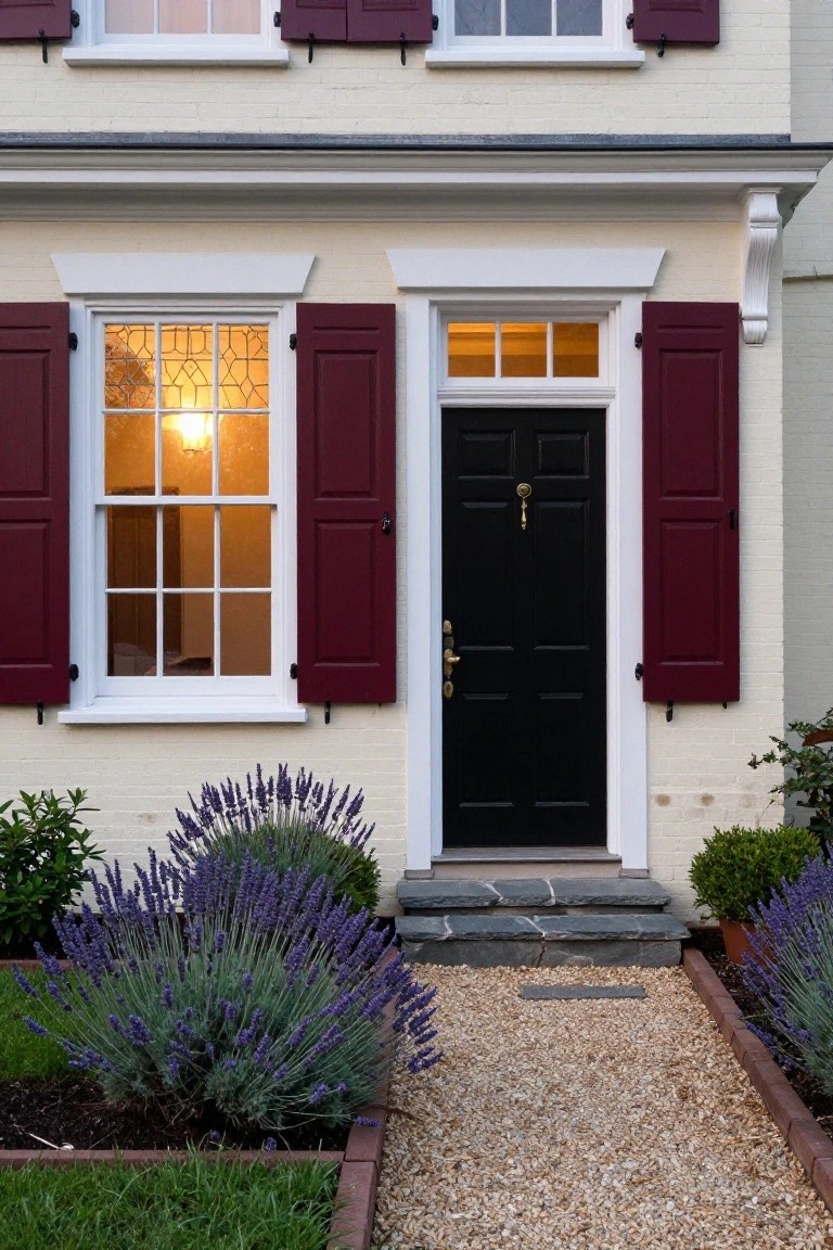 Colonial house exterior featuring cream brick walls, burgundy shutters on windows flanking a black front door, lavender plants bordering a gravel path leading to stone steps.