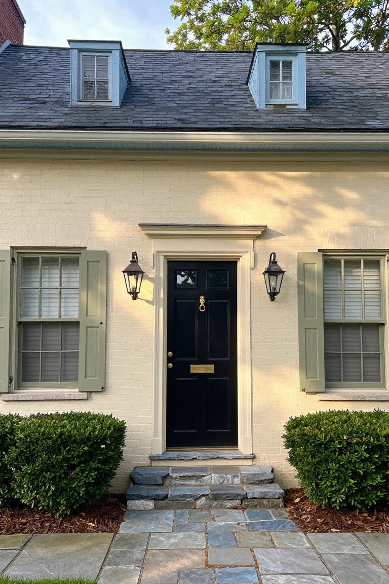 Colonial house exterior with cream brick walls, open sage green shutters on double-hung windows, black front door with brass knocker and handle, lantern lights, slate steps, boxwood shrubs, and slate roof with blue dormer.
