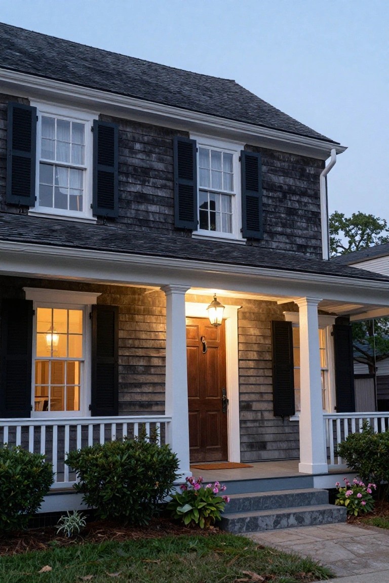 Colonial-style house exterior featuring dark gray shingle siding, white trim and porch with columns, black shutters on windows, dark wood front door, lantern light, boxwoods, and pink flowers at dusk.