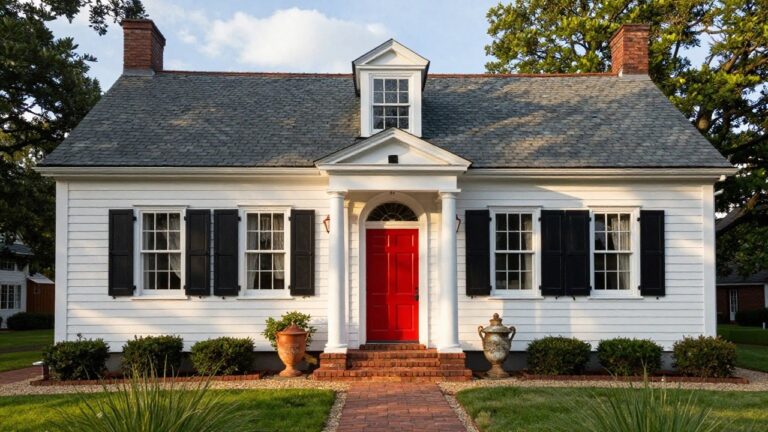 White clapboard Colonial house with black shutters, red arched front door between columns, brick walkway lined with urns and shrubs, under trees on a lawn.