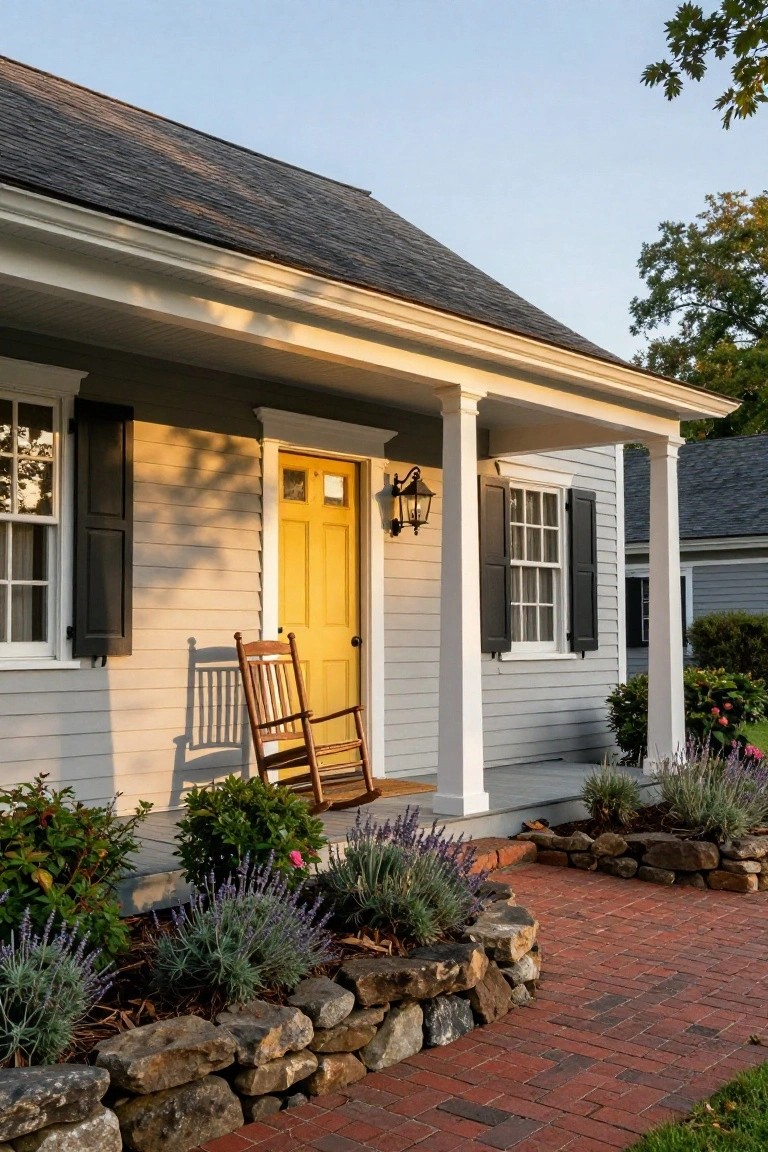 Colonial house exterior featuring gray clapboard siding, yellow paneled front door, white porch with columns, black shutters on windows, wooden rocking chair, brick pathway, and stone-edged plantings with lavender and shrubs.
