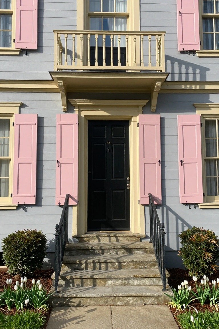 Two-story colonial house with light gray clapboard siding, pink shutters on the windows, yellow trim on the balcony and door frame, black front door flanked by pink shutters, wrought iron railing on stone steps, boxwood shrubs, and white tulips in mulched beds along the walkway.
