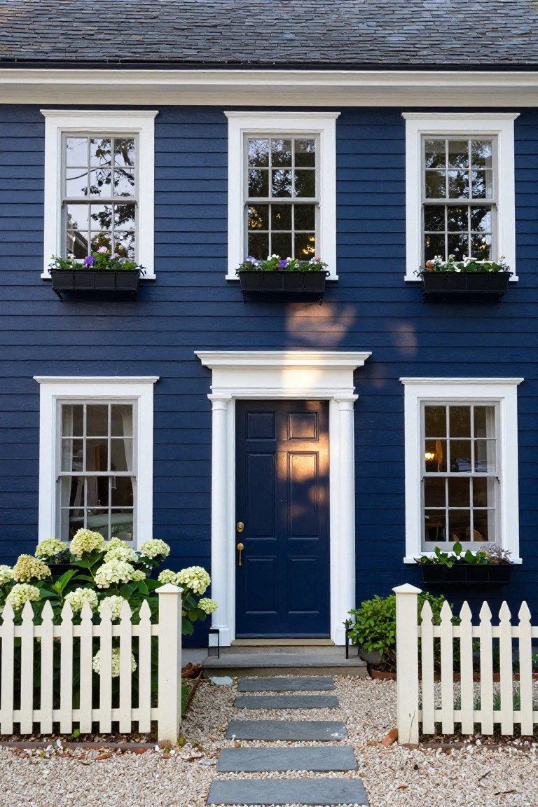 Two-story colonial house with navy blue clapboard siding, white window trim and door frame, navy front door, flower boxes, hydrangeas, stone entry steps, and white picket fence.