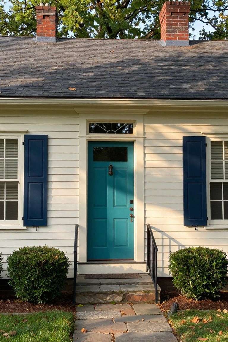 Front view of a two-story colonial house with cream clapboard siding, navy blue shutters on white windows, teal front door with brass knocker, slate roof, brick chimneys, stone steps, iron railing, and boxwood shrubs beside a flagstone path.