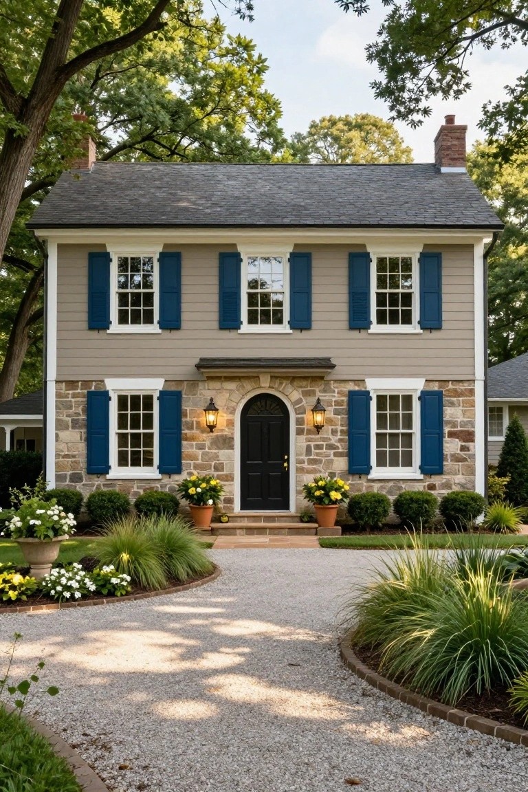 Two-story Colonial house with beige-gray clapboard siding, navy blue shutters on white-trimmed windows, stone foundation and entry archway, black front door, yellow flower pots, boxwoods, and gravel driveway edged by grasses under trees.