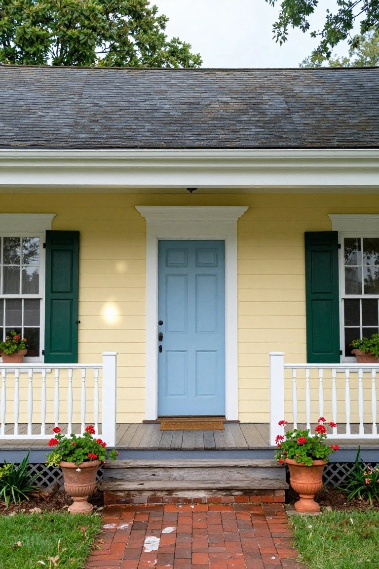 A yellow Colonial house with green shutters on the windows, a blue front door, white porch railing and trim, potted red geraniums, terracotta planters, and a brick walkway.