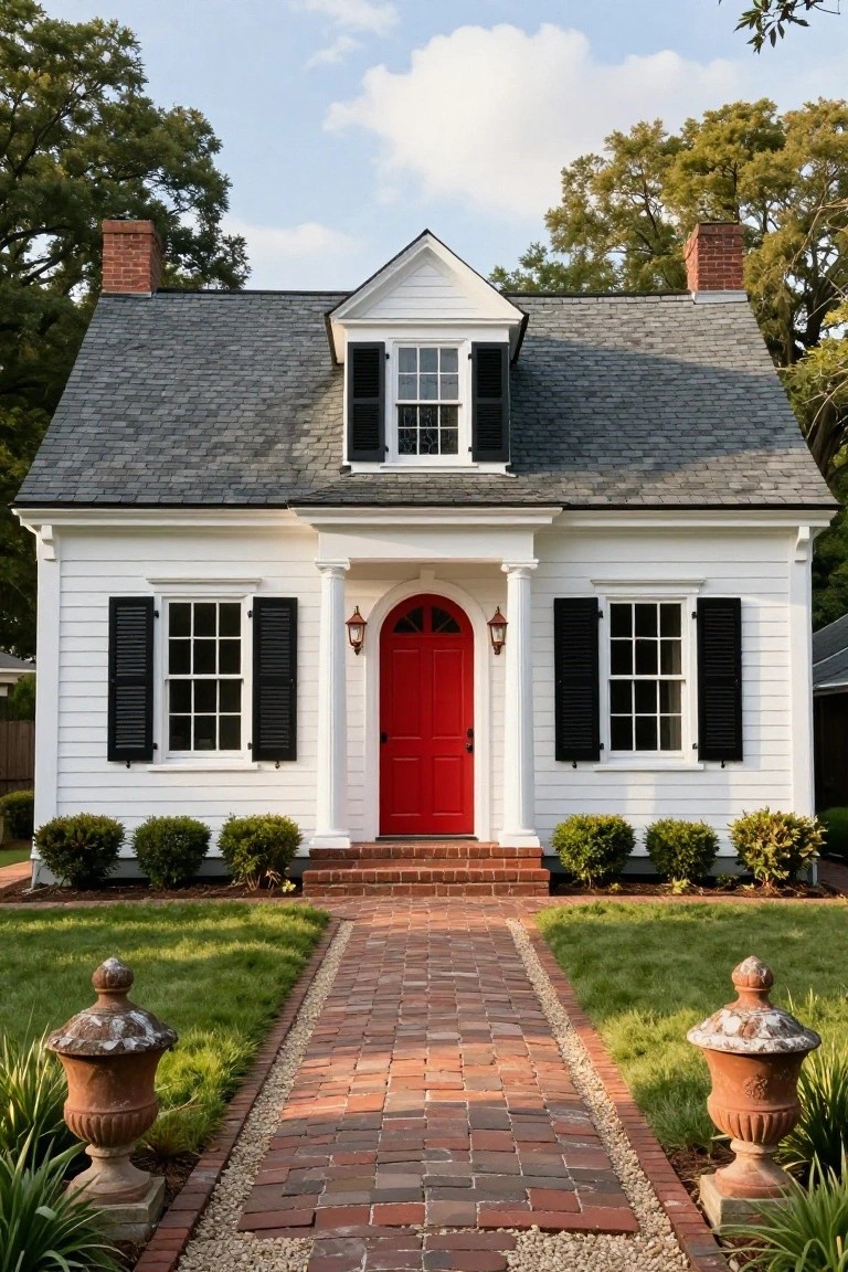 White clapboard Colonial house with black shutters, red arched front door between columns, brick walkway lined with urns and shrubs, under trees on a lawn.