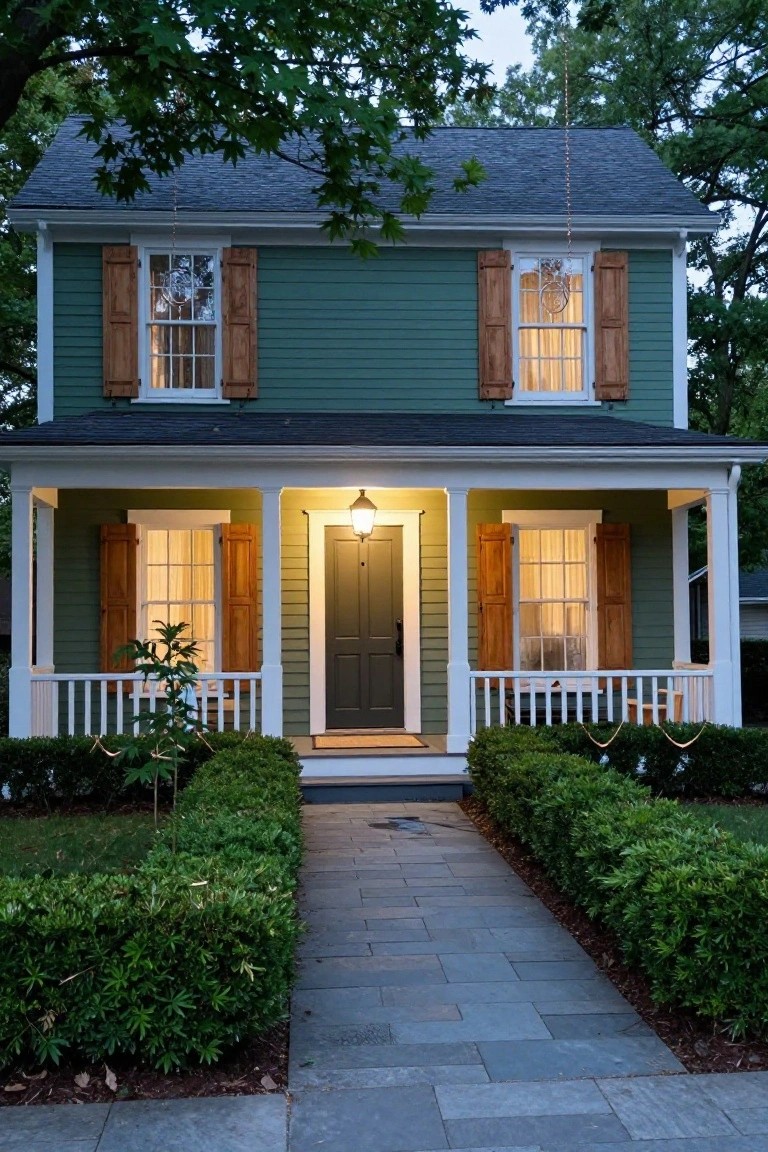 Two-story colonial house with sage green siding, white trim, wooden shutters on windows, dark front door lit by a lantern on the porch, boxwood hedges, and stone pathway leading from the street.