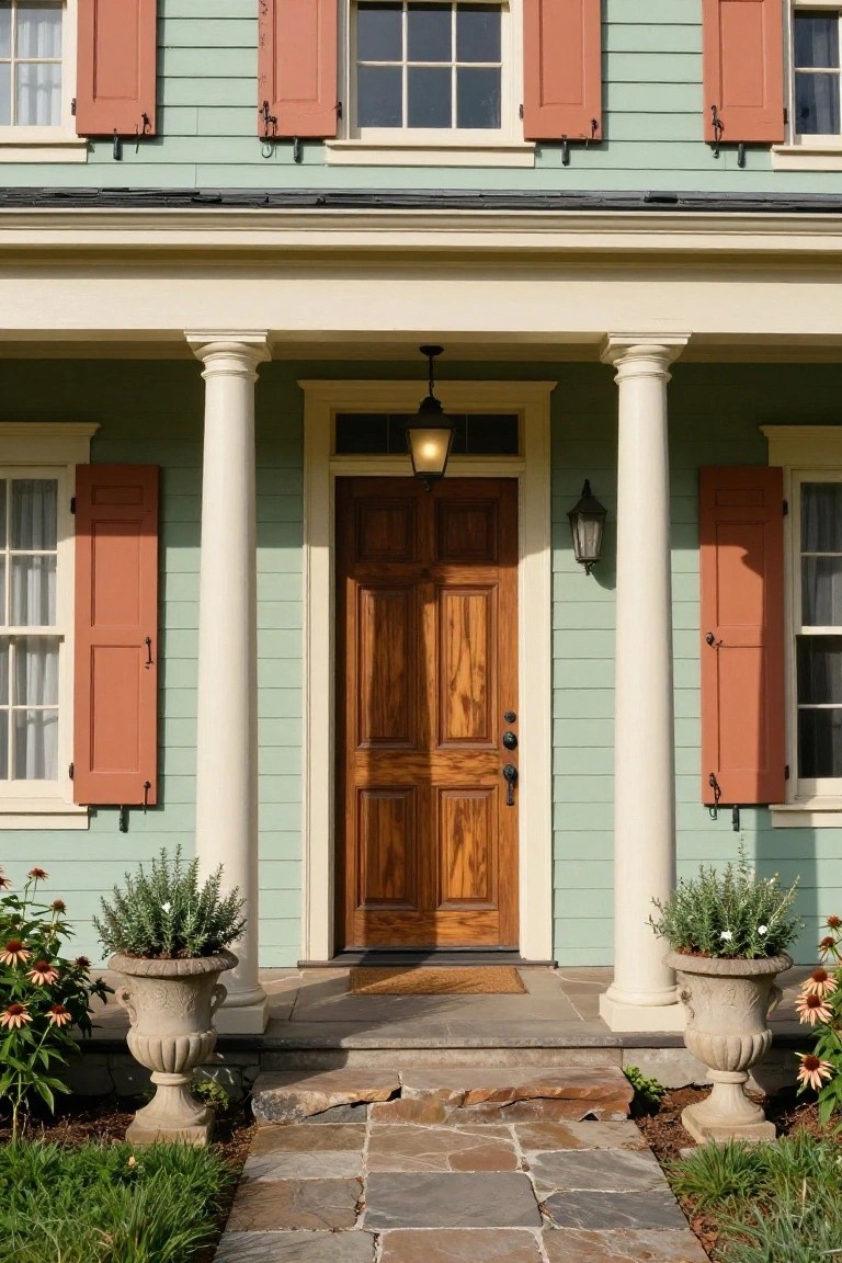 Front exterior of a two-story house painted pale green with red shutters on the windows, white porch columns, dark wood double door, lanterns, potted plants in urns, and a stone walkway.