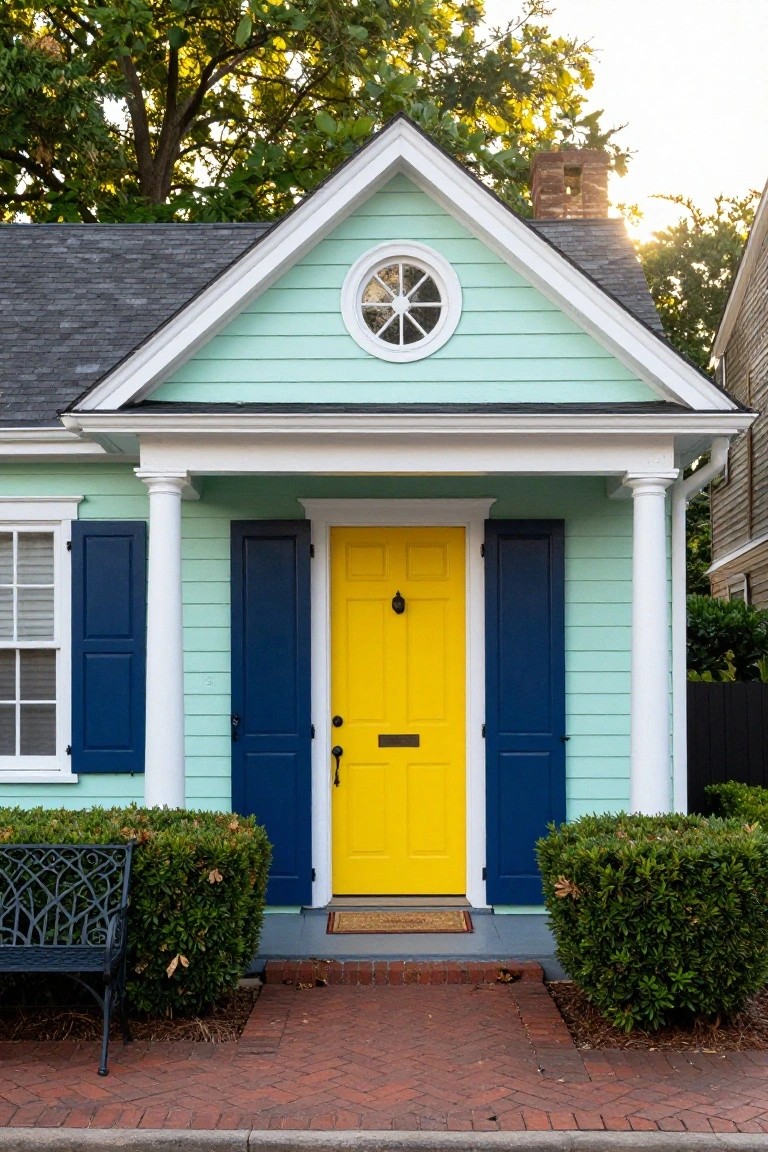Teal Siding with a Yellow Front Door