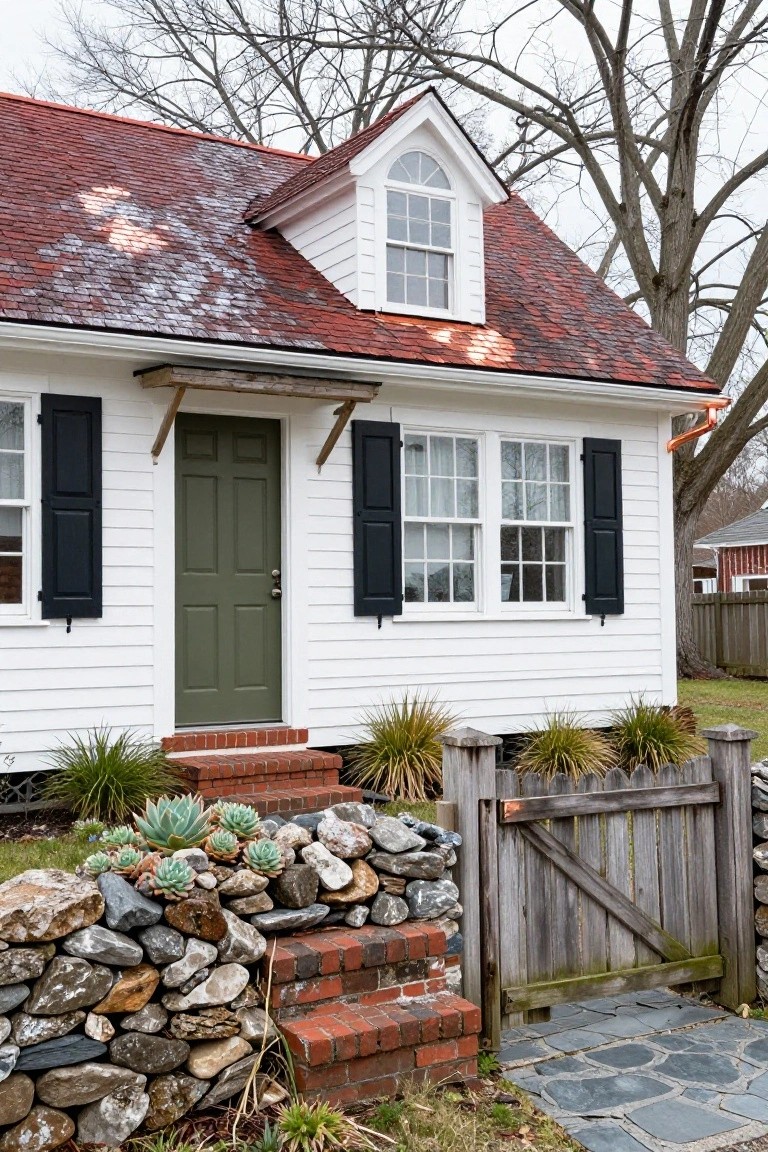 Colonial-style house with white clapboard siding, dark green front door, red tiled roof, black shutters, brick entry steps, stone wall with succulents, and wooden gate.