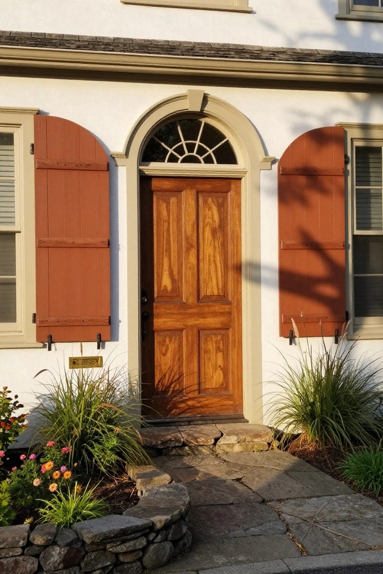 Colonial house exterior with white siding, red board-and-batten shutters flanking a wooden paneled front door under an arched fanlight window, stone entry path, and ornamental grasses and flowers nearby.
