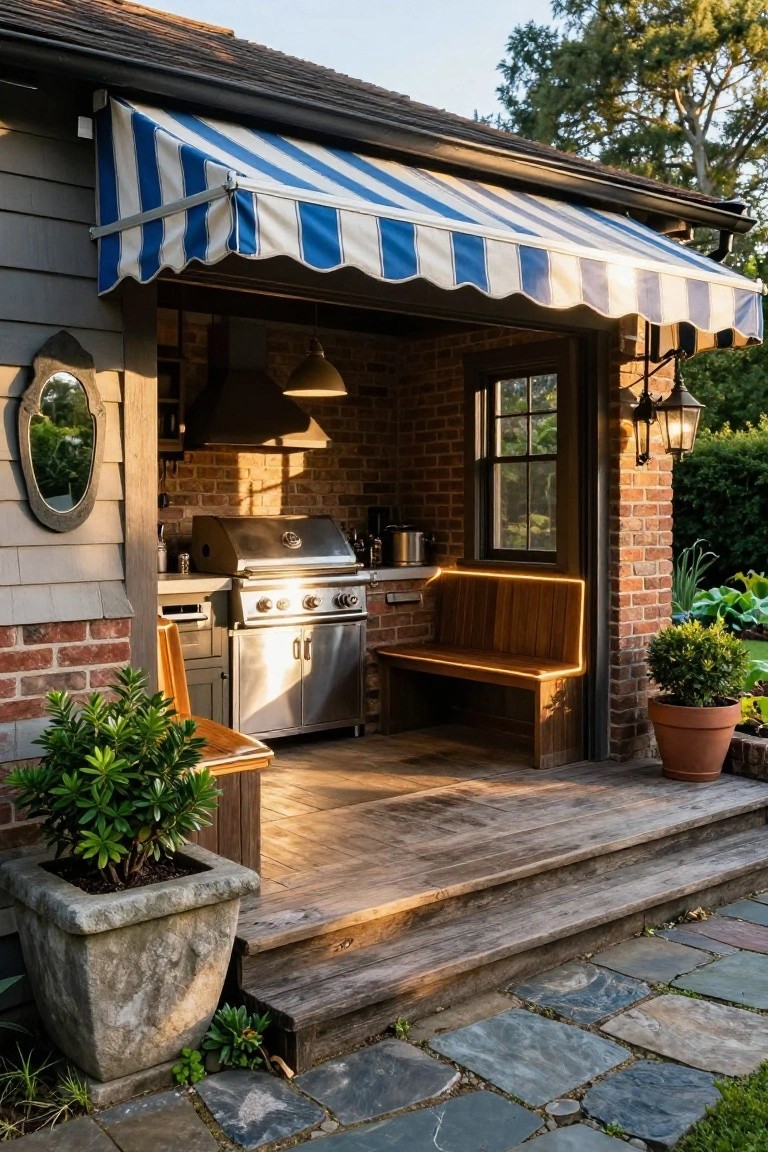 Brick-walled outdoor kitchen under blue and white striped awning with stainless steel grill, wooden bench seating, pendant light, potted plants, wooden steps, and stone path.