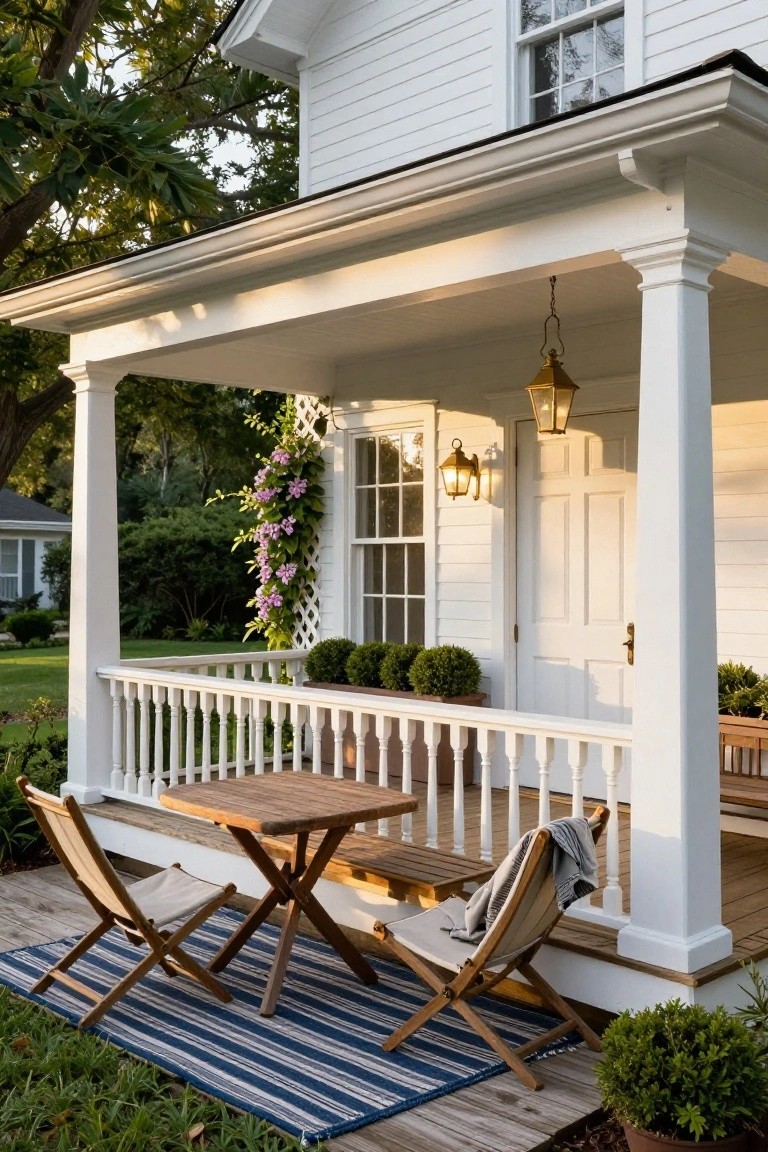 White colonial house with covered porch deck holding a rectangular wooden table, two folding canvas lounge chairs on a blue striped outdoor rug, potted shrubs, hanging lanterns, and purple flowering vines on lattice.