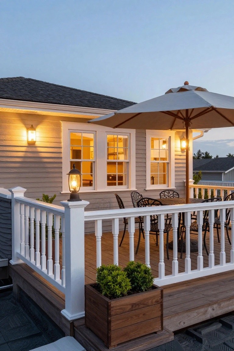 Gray shingled colonial house exterior at dusk with wall-mounted and post lanterns lit, elevated wooden deck with white turned baluster railings, round dining table with black metal chairs under beige umbrella, wooden planter box with shrubs, and nearby greenery.