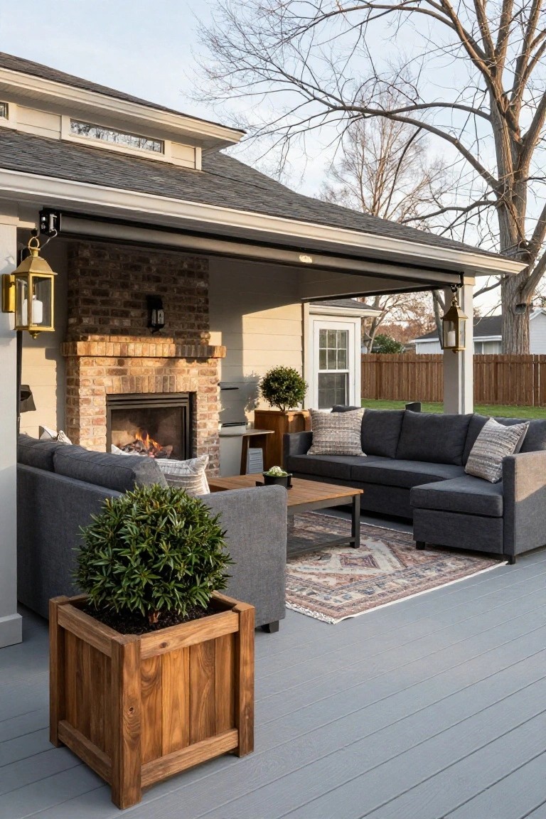 Covered gray wood deck with brick outdoor fireplace, gray L-shaped sectional sofa with pillows, wooden coffee table, patterned area rug, wooden planters with topiary shrubs, and hanging lanterns next to beige house exterior.