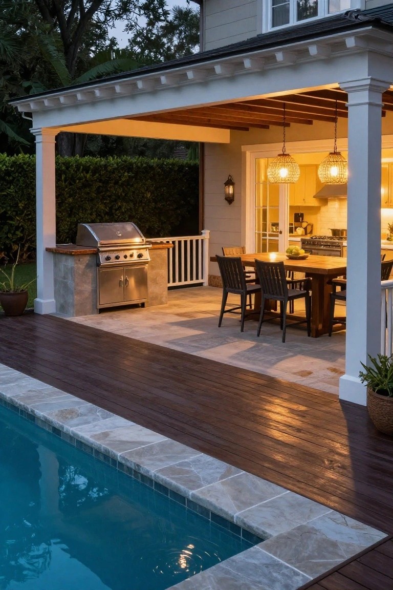 Covered deck area featuring a built-in stainless steel grill island on stone base, wooden dining table with chairs, hanging lanterns, visible kitchen through glass doors, and adjacent in-ground swimming pool with stone coping at evening time.