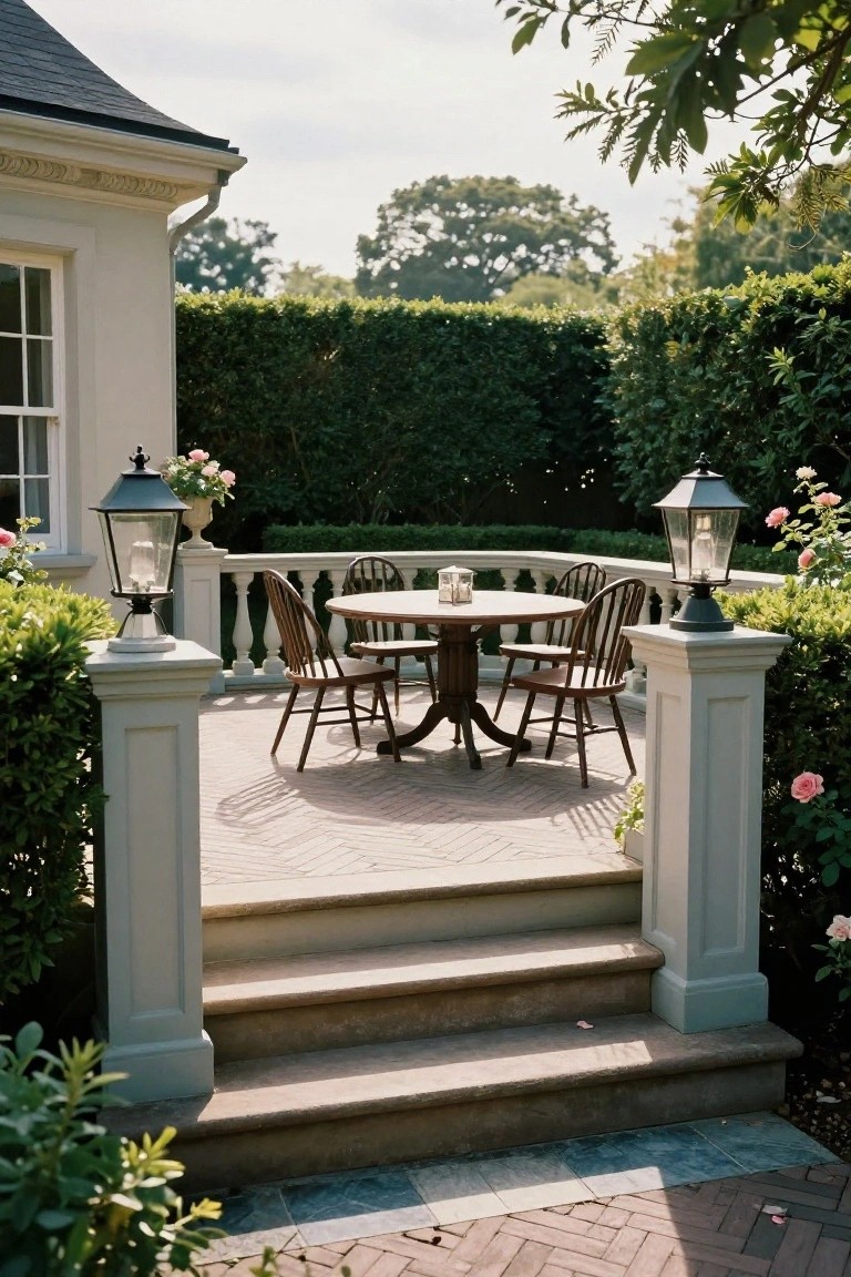 Elevated stone deck at corner of white Colonial house with round wooden table, four chairs, balustrade topped by lanterns, flanked by clipped green hedges and rose bushes.