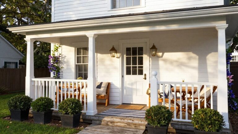 White colonial house with covered porch deck holding a rectangular wooden table, two folding canvas lounge chairs on a blue striped outdoor rug, potted shrubs, hanging lanterns, and purple flowering vines on lattice.