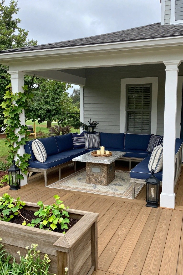 Covered wooden porch deck with L-shaped navy blue sofa sectional, stone coffee table, striped pillows, lanterns, potted plants, and ivy climbing white columns next to a gray house exterior.