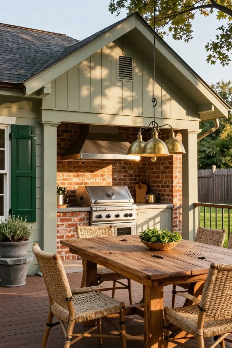 Outdoor deck featuring a built-in brick kitchen with stainless steel grill and hood under a sage green covered structure, wooden dining table with wicker chairs, potted plants, and adjacent house wall with green shutters.