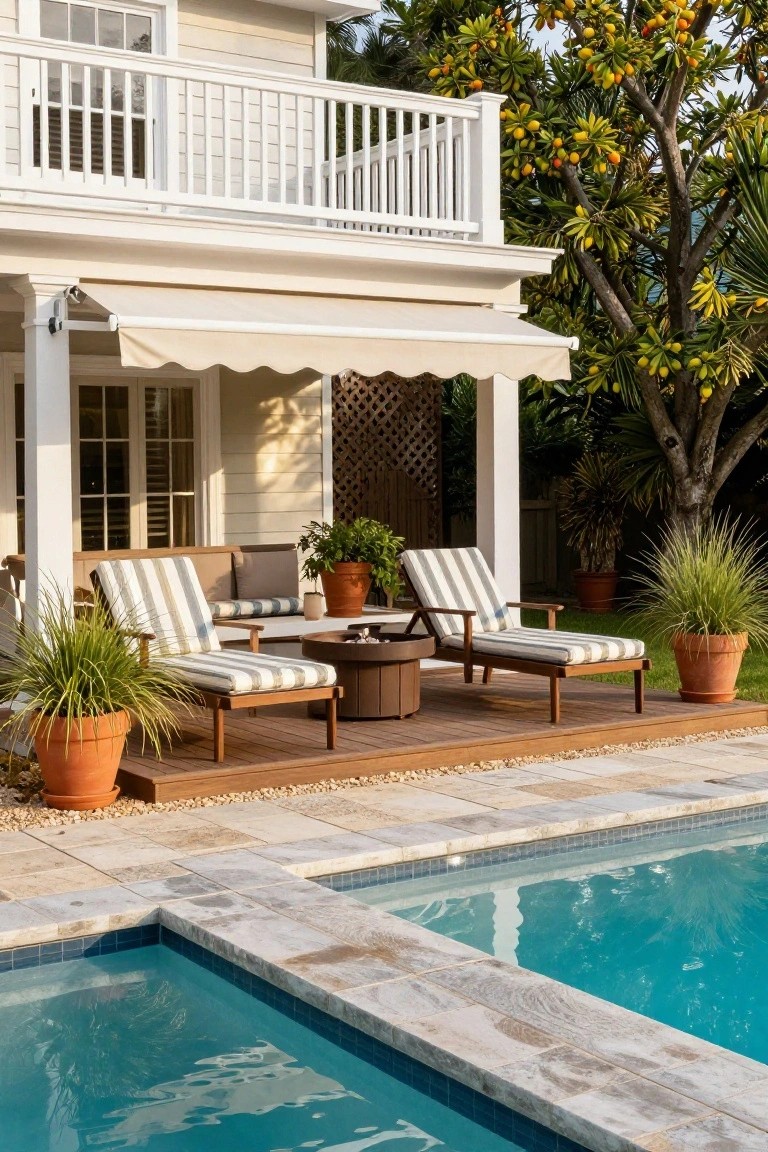 Wooden deck next to a turquoise pool with two striped lounge chairs positioned around a round brown fire pit table, potted plants nearby, and a white house with balcony in the background.